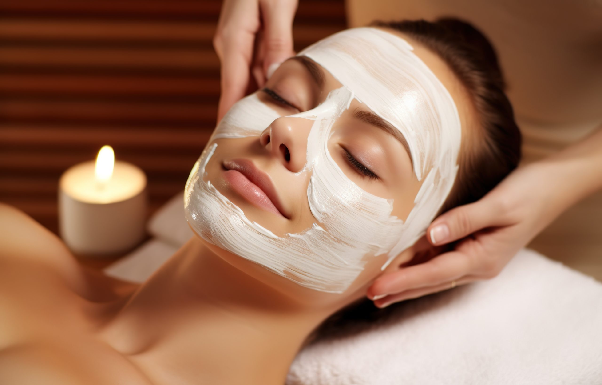 Relaxing Facial Treatment: A woman receives a luxurious facial treatment at a spa, with a white mask applied to her face, a candle burning nearby, and her eyes closed in serenity.